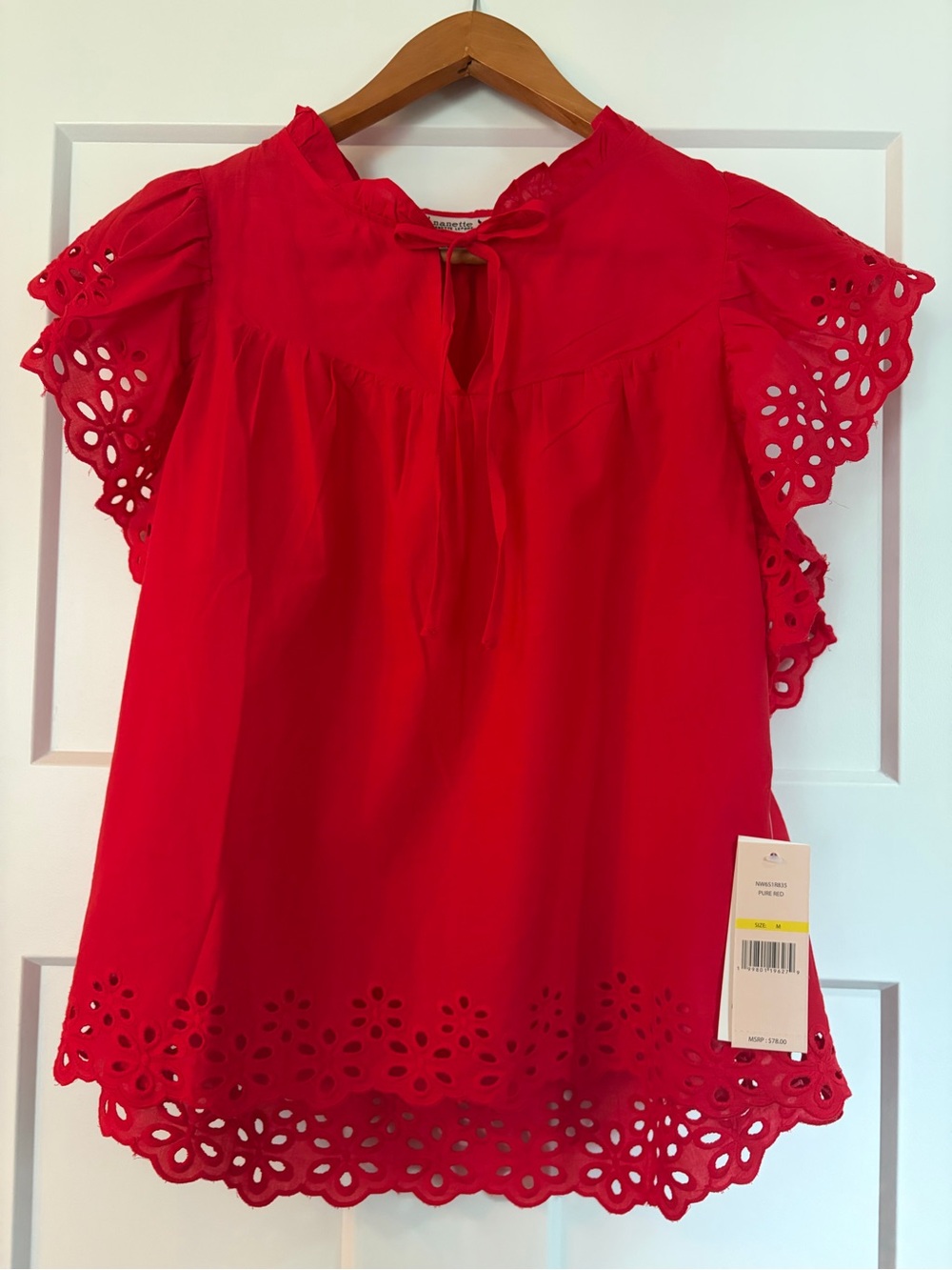 NWT Nanette Lepore Red Eyelet Tie-Neck Flutter Sleeve Top